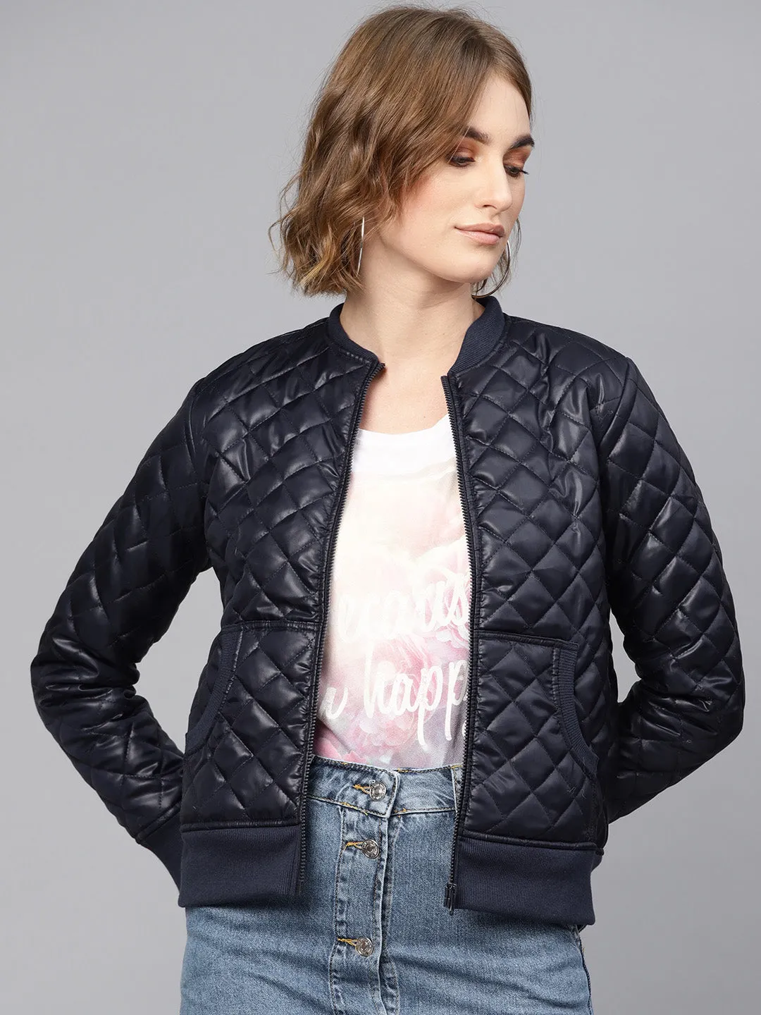 Women Navy Quilted Bomber Jacket