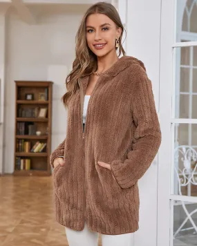 Women Roomy Fuzzy Hooded Jacket Cardigan for Chilly Days