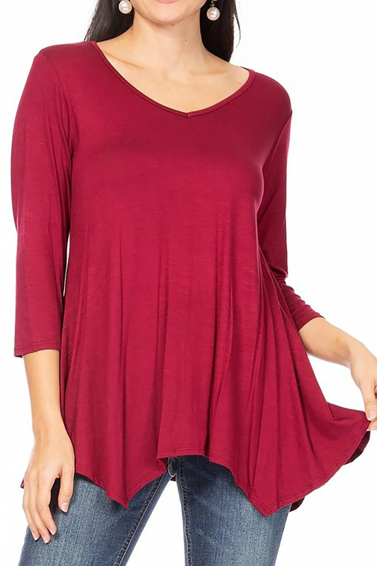 Women's Knit Asymmetrical 3/4 Sleeve V-Neck Flowy Blouse