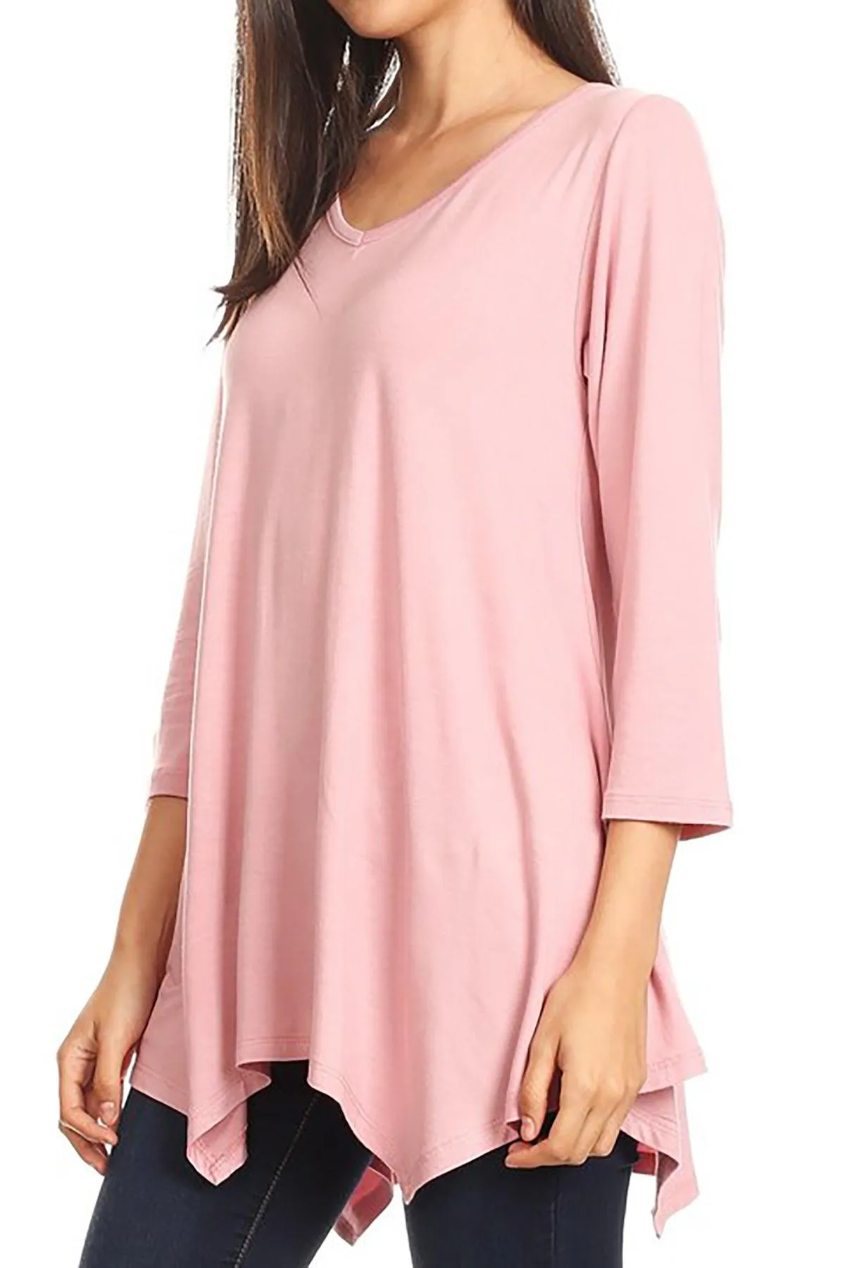 Women's Knit Asymmetrical 3/4 Sleeve V-Neck Flowy Blouse