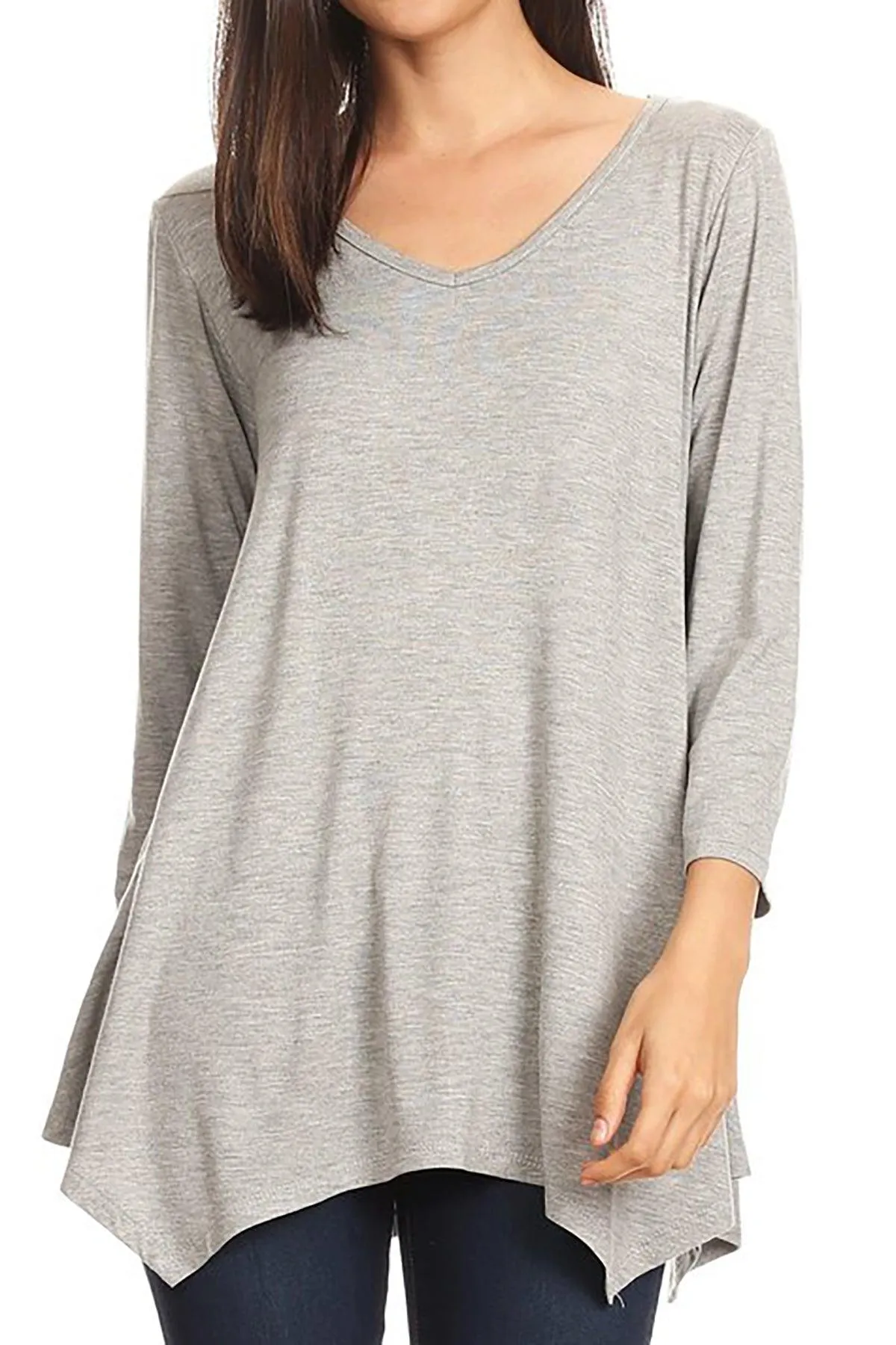 Women's Knit Asymmetrical 3/4 Sleeve V-Neck Flowy Blouse