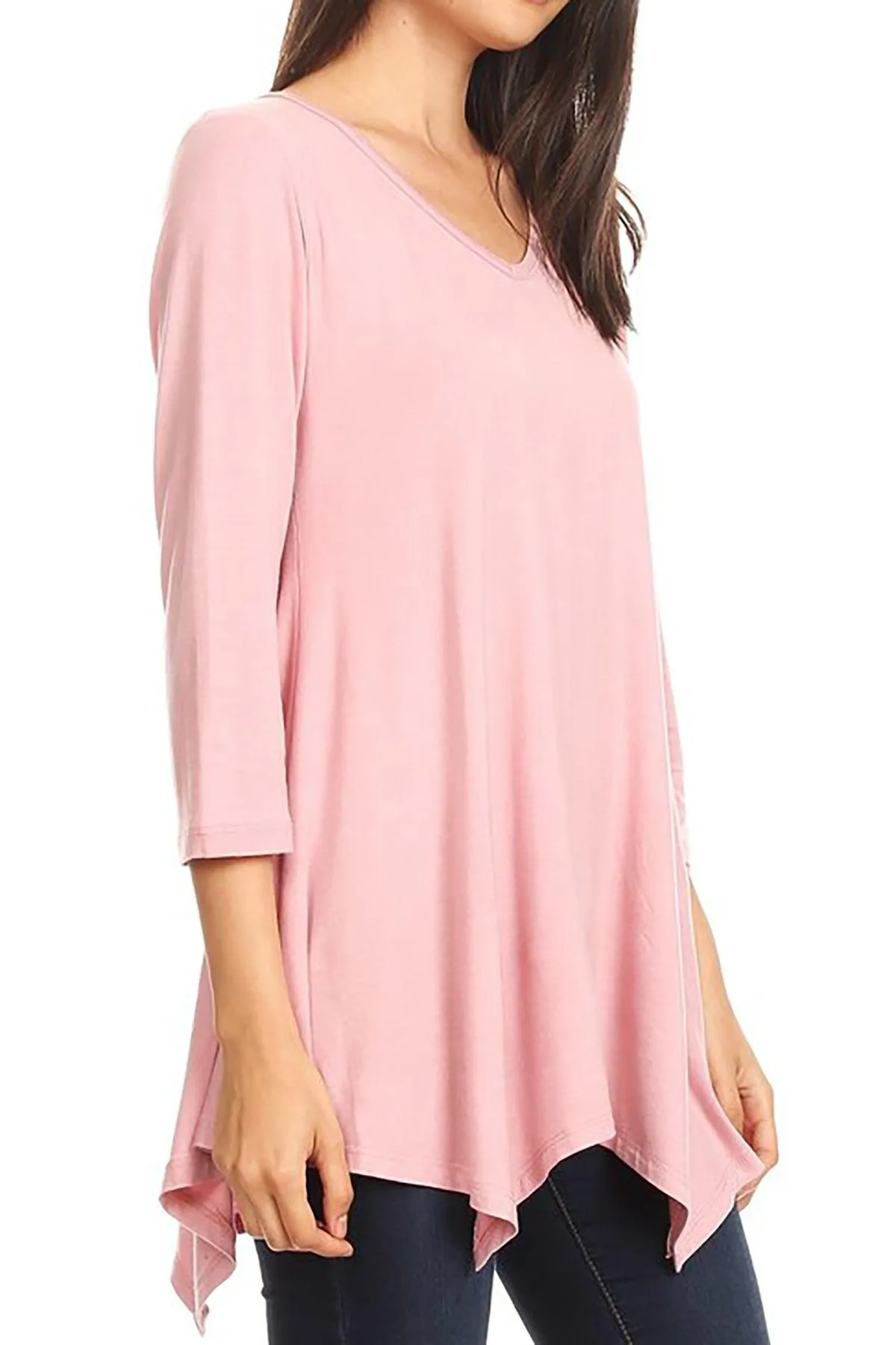 Women's Knit Asymmetrical 3/4 Sleeve V-Neck Flowy Blouse