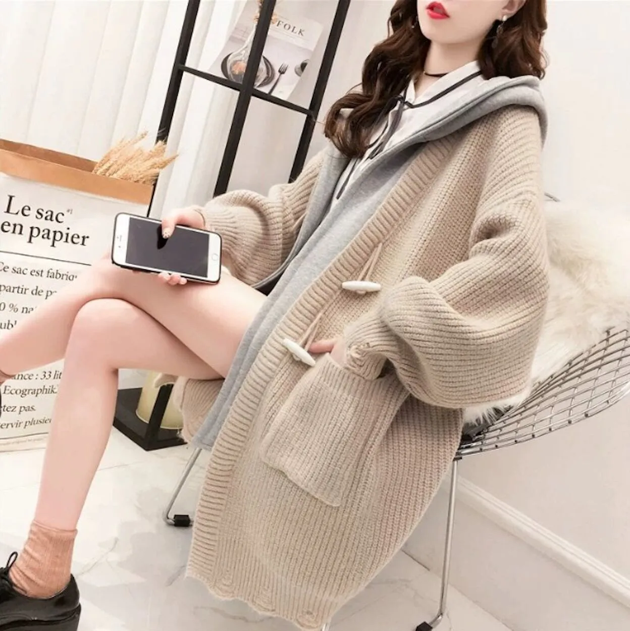 Womens Layered Look Hooded Cardigan