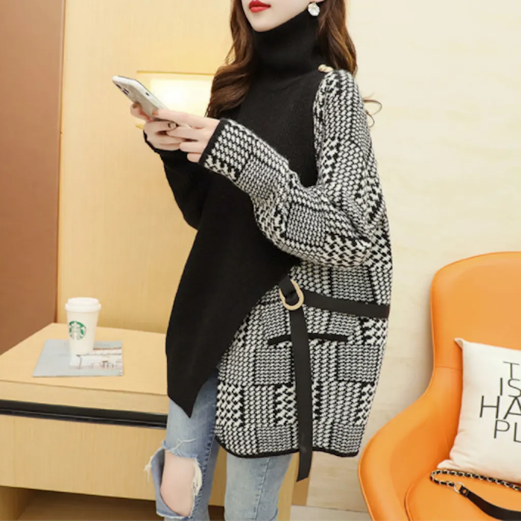 Womens Layered Look Houndstooth Sweater