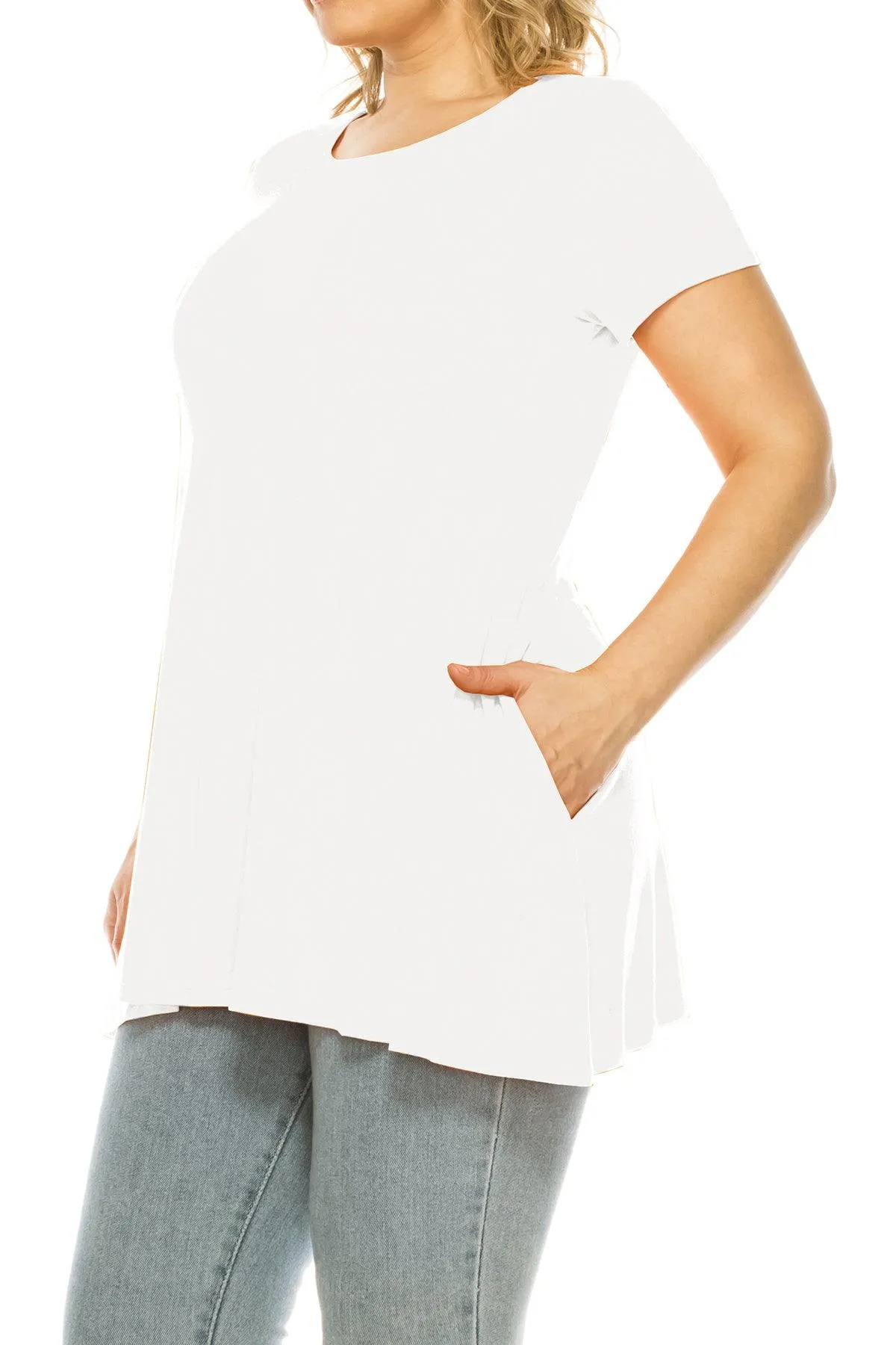 Women's Plus Size Casual Solid Short Sleeve Round Neck Tunic Tops with Side Pockets