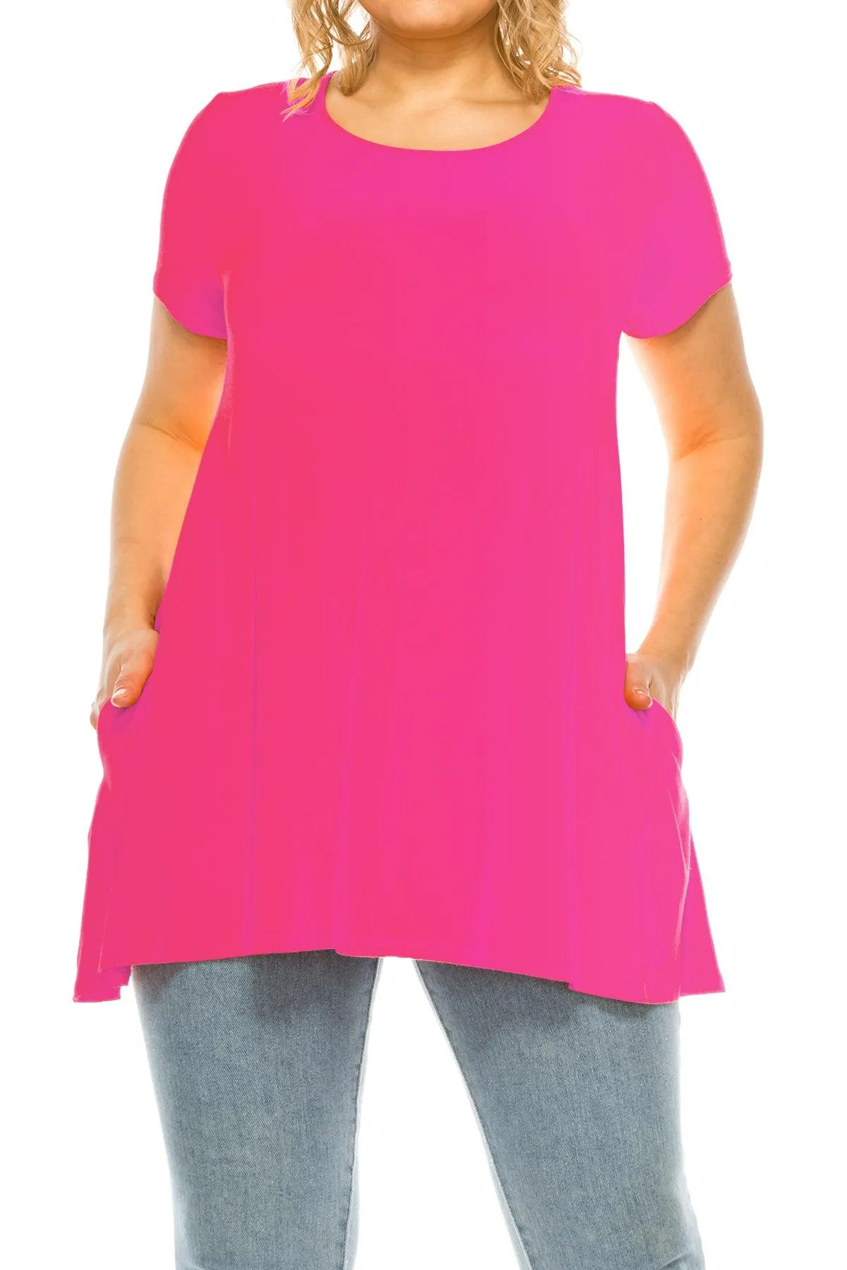 Women's Plus Size Casual Solid Short Sleeve Round Neck Tunic Tops with Side Pockets