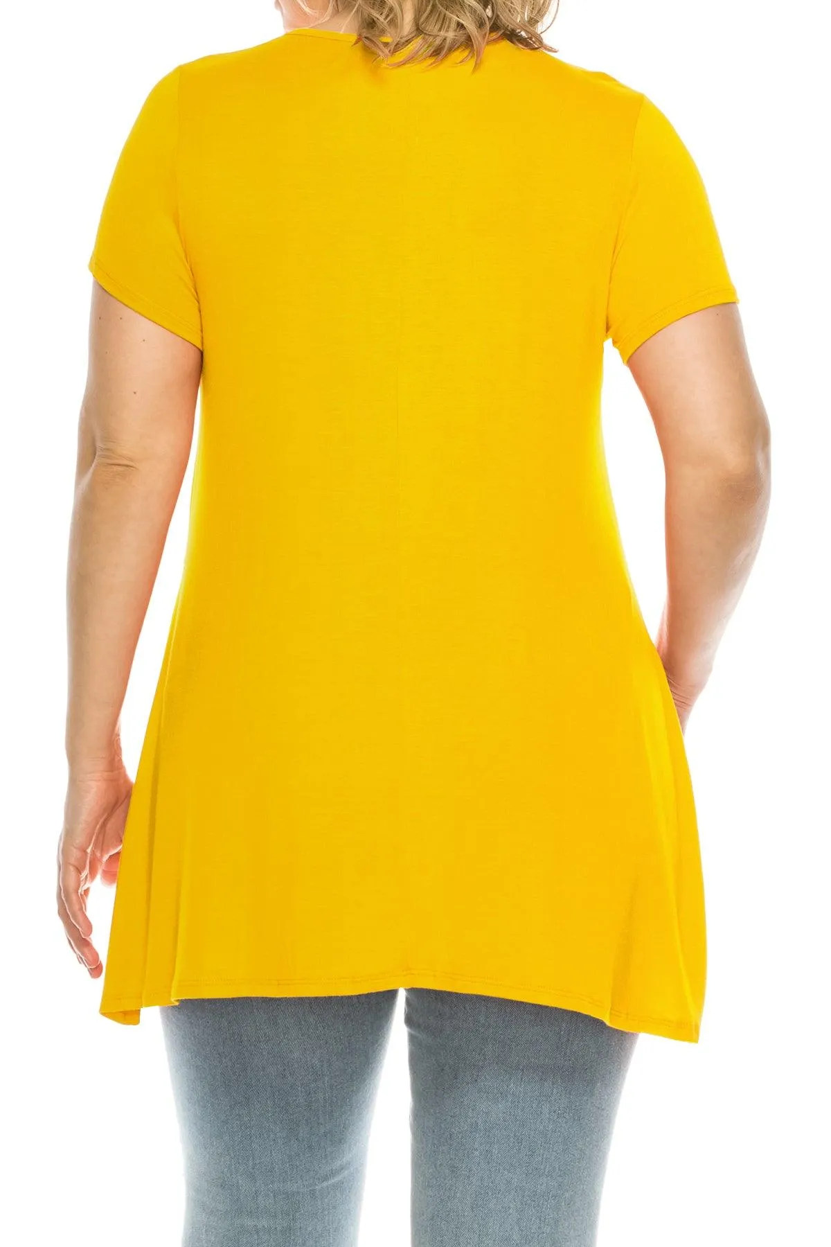 Women's Plus Size Casual Solid Short Sleeve Round Neck Tunic Tops with Side Pockets