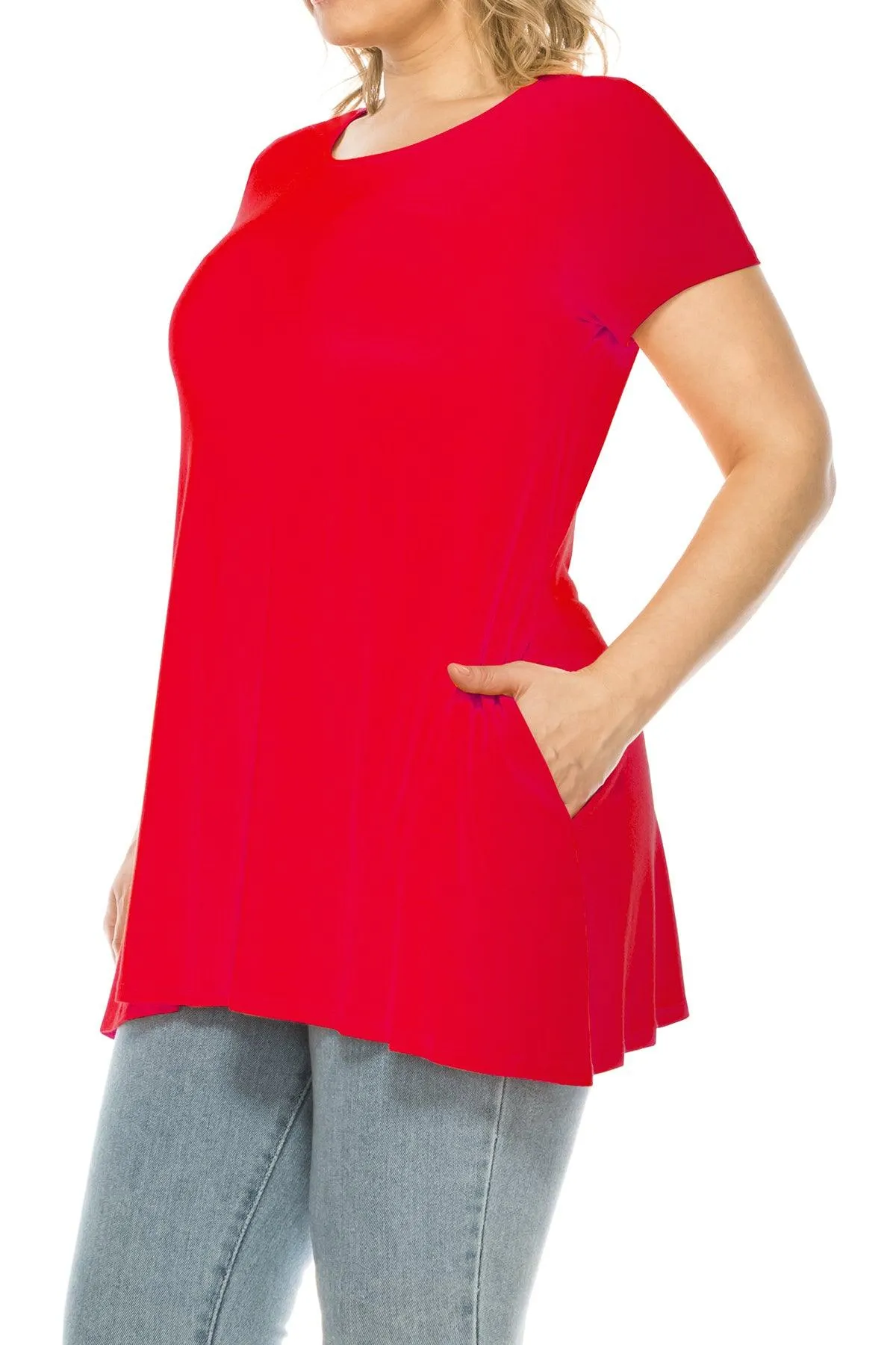 Women's Plus Size Casual Solid Short Sleeve Round Neck Tunic Tops with Side Pockets