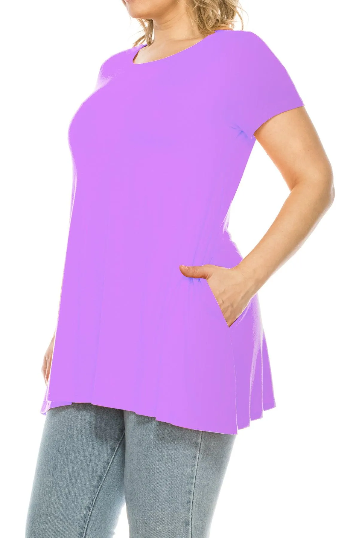 Women's Plus Size Casual Solid Short Sleeve Round Neck Tunic Tops with Side Pockets