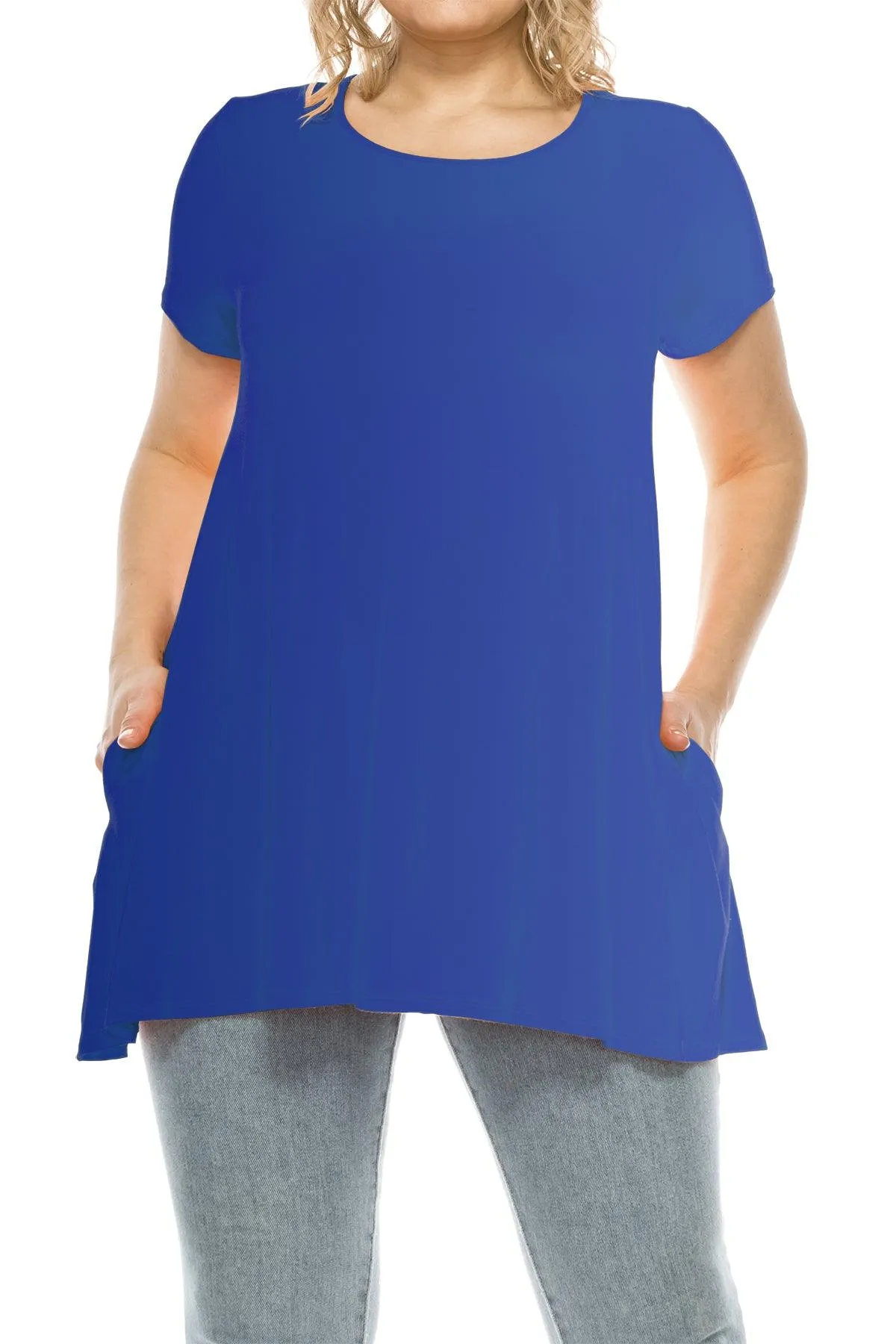 Women's Plus Size Casual Solid Short Sleeve Round Neck Tunic Tops with Side Pockets