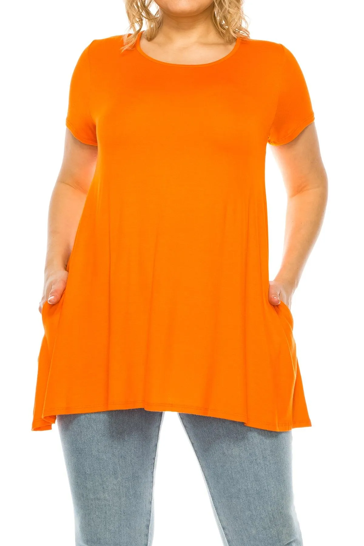 Women's Plus Size Casual Solid Short Sleeve Round Neck Tunic Tops with Side Pockets