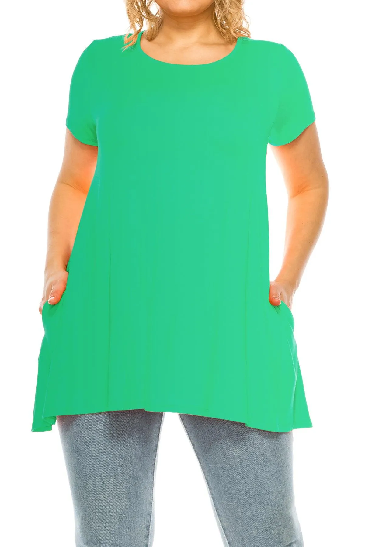 Women's Plus Size Casual Solid Short Sleeve Round Neck Tunic Tops with Side Pockets