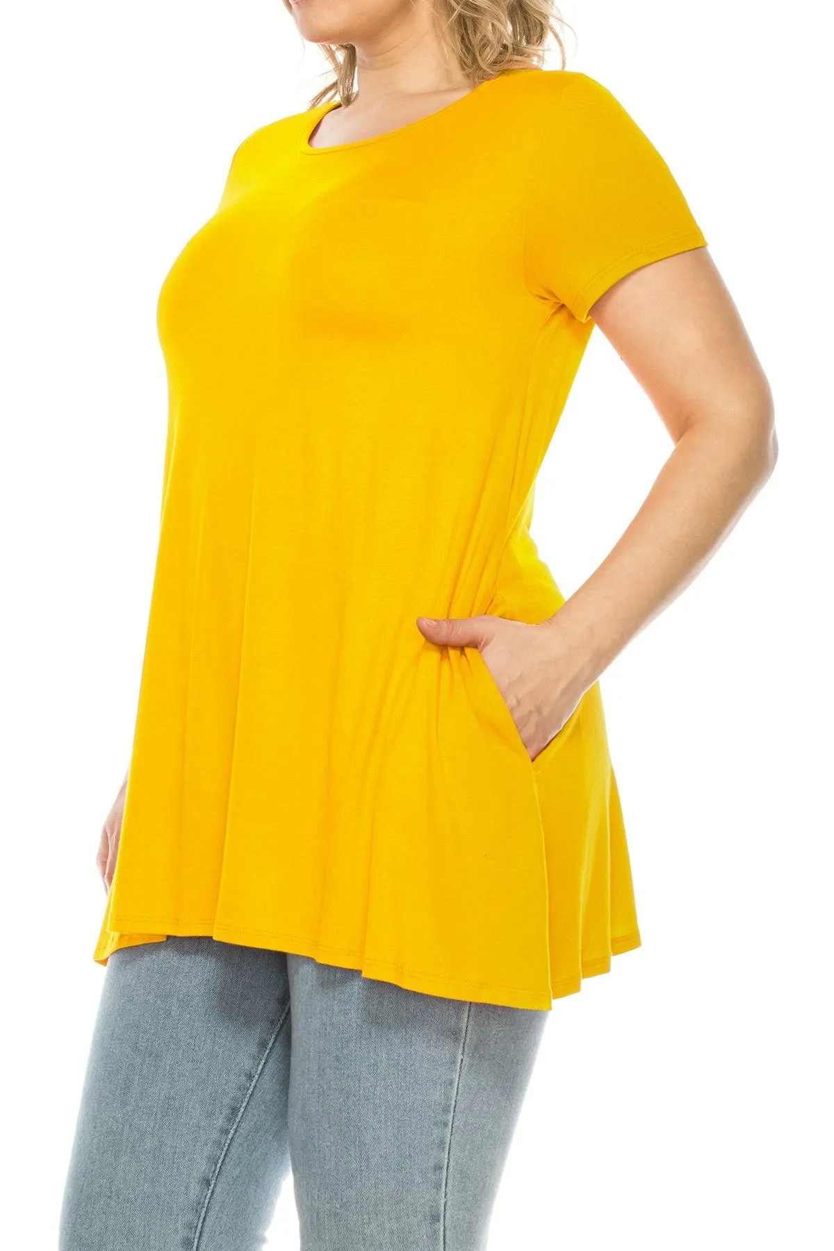 Women's Plus Size Casual Solid Short Sleeve Round Neck Tunic Tops with Side Pockets