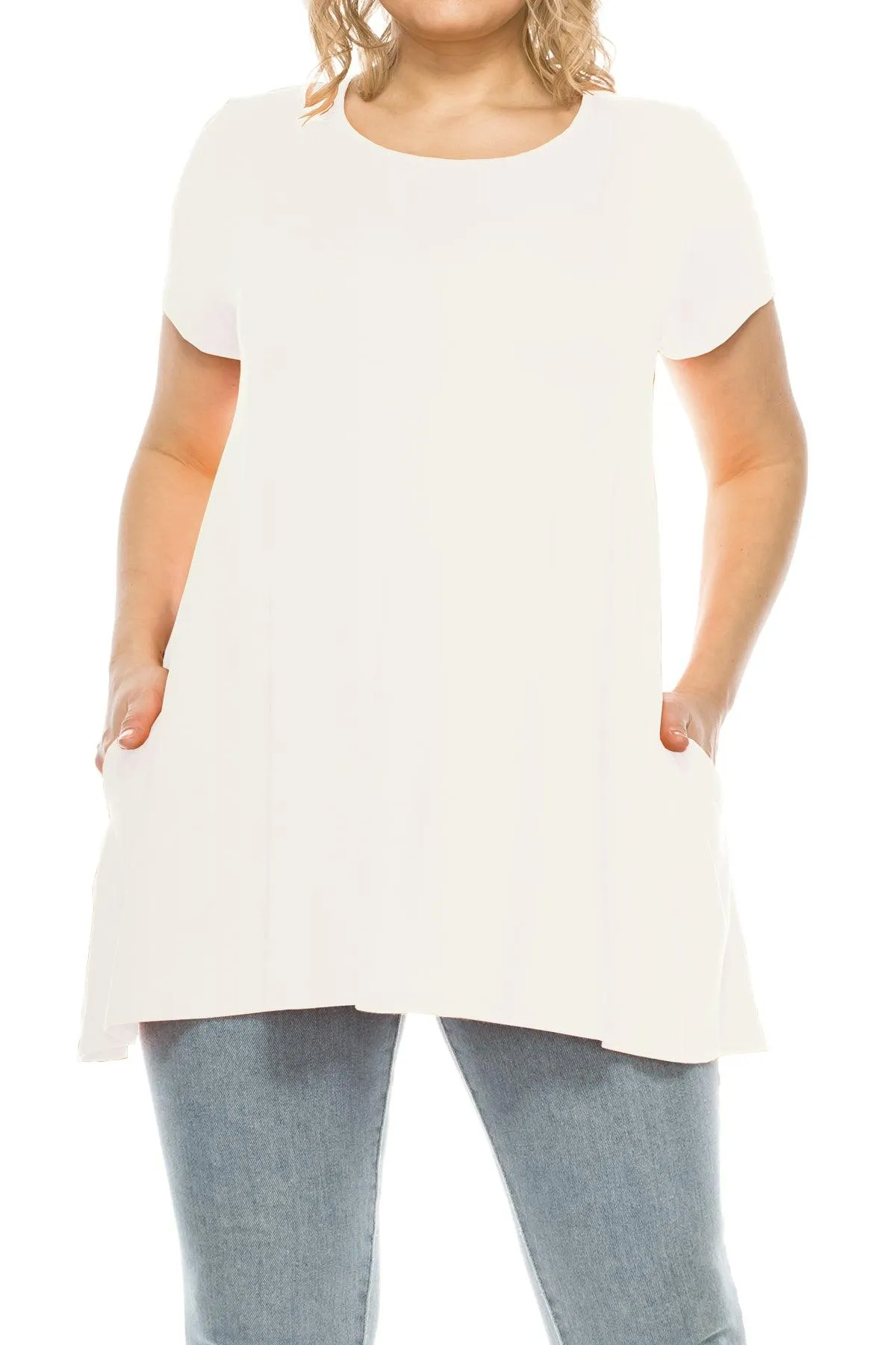 Women's Plus Size Casual Solid Short Sleeve Round Neck Tunic Tops with Side Pockets