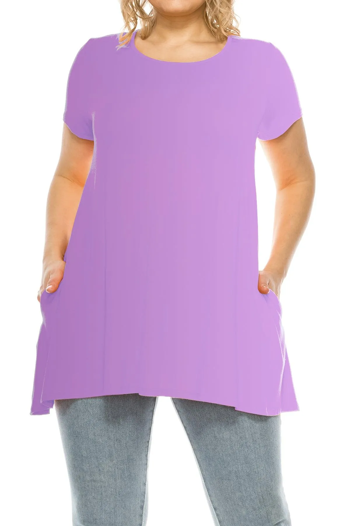 Women's Plus Size Casual Solid Short Sleeve Round Neck Tunic Tops with Side Pockets