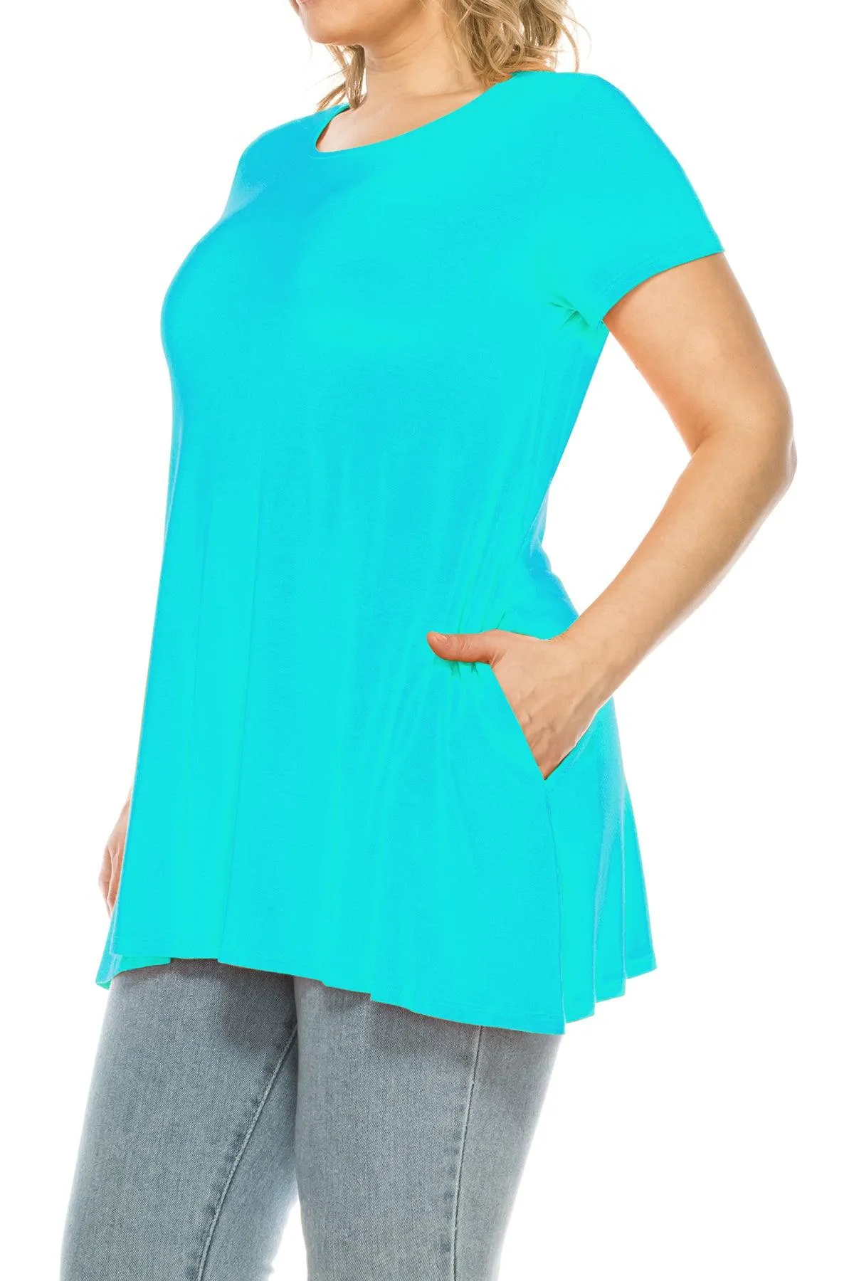 Women's Plus Size Casual Solid Short Sleeve Round Neck Tunic Tops with Side Pockets