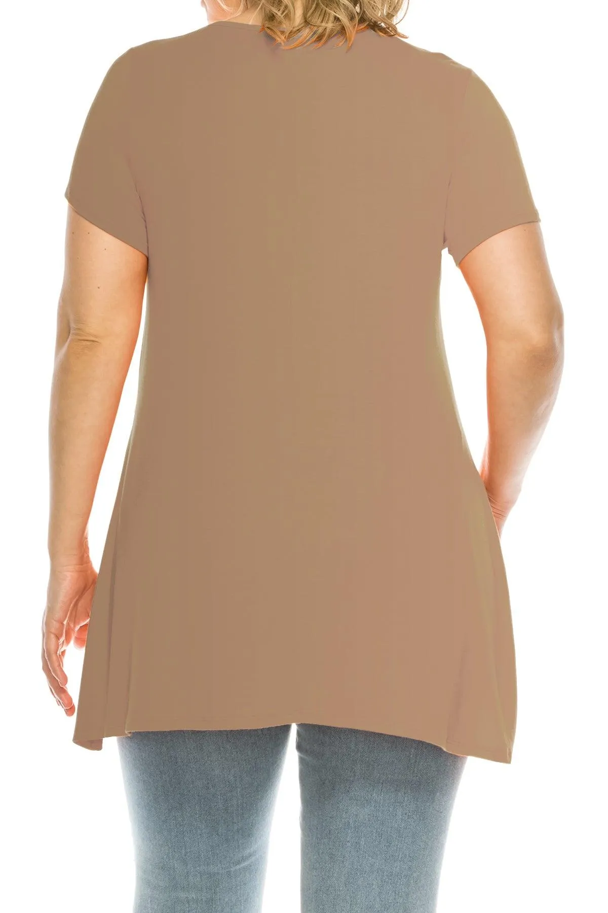 Women's Plus Size Casual Solid Short Sleeve Round Neck Tunic Tops with Side Pockets