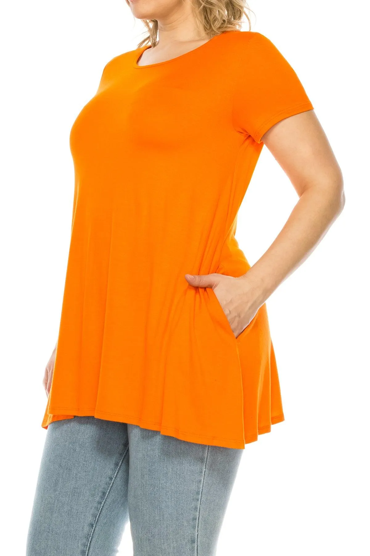 Women's Plus Size Casual Solid Short Sleeve Round Neck Tunic Tops with Side Pockets