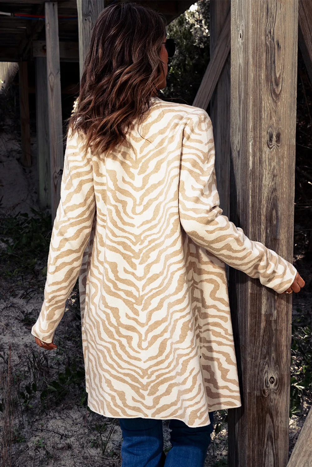 Women's Zebra Print Open Front Long Cardigan