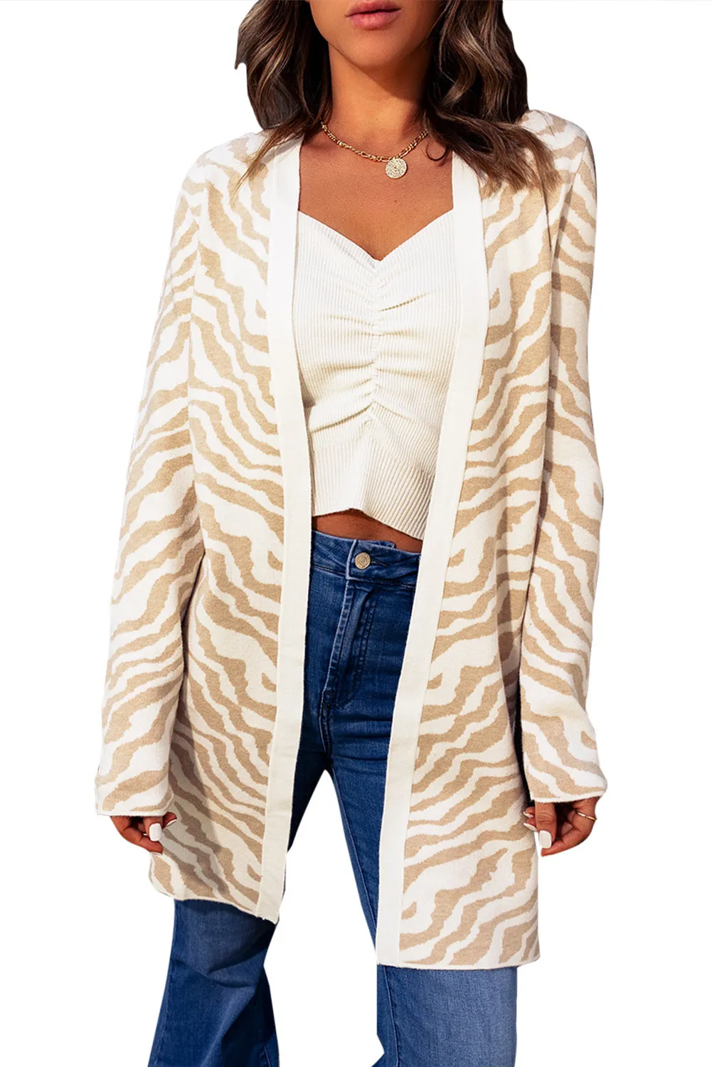 Women's Zebra Print Open Front Long Cardigan