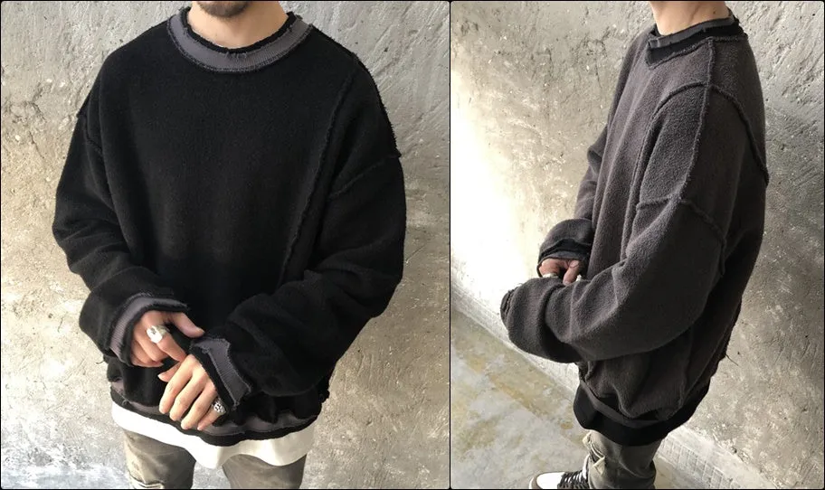 XS-6XL Men Oversize Cross Stitching Raw Edge Round Neck Pullover Sweatshirt