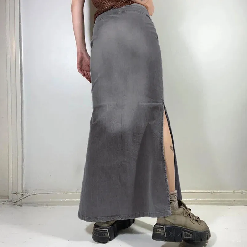 Y2K Vintage Gradient Chic Low Waist Denim Skirt Women Streetwear Side Split 90s Aesthetic Long Skirt Grunge Clothing