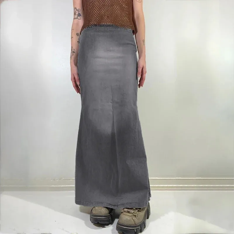 Y2K Vintage Gradient Chic Low Waist Denim Skirt Women Streetwear Side Split 90s Aesthetic Long Skirt Grunge Clothing