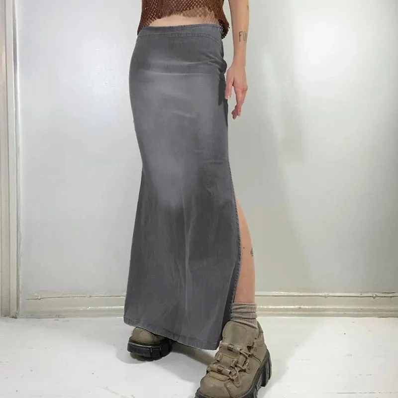 Y2K Vintage Gradient Chic Low Waist Denim Skirt Women Streetwear Side Split 90s Aesthetic Long Skirt Grunge Clothing