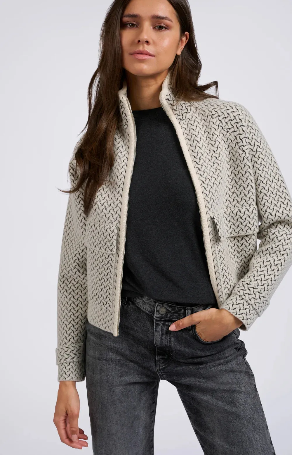 YAYA KNITTED JACKET WOVEN PRINT CHALK WHITE