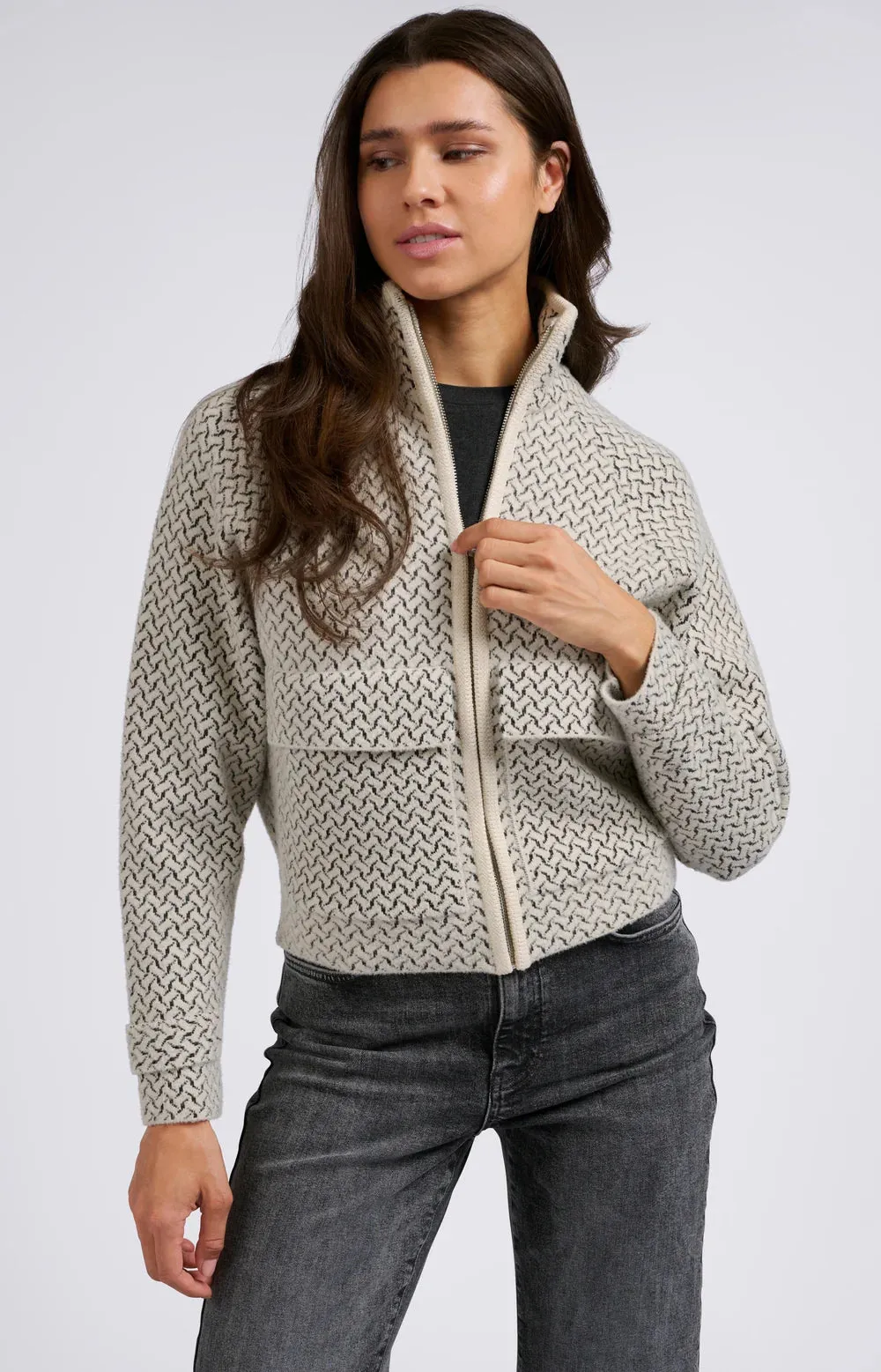 YAYA KNITTED JACKET WOVEN PRINT CHALK WHITE