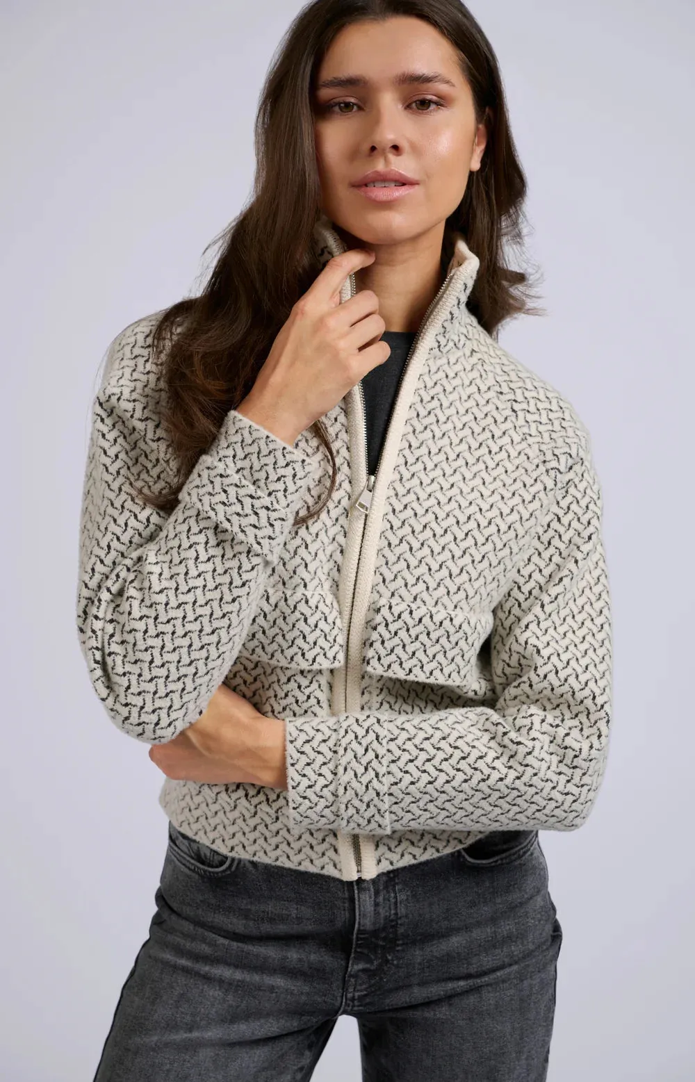 YAYA KNITTED JACKET WOVEN PRINT CHALK WHITE