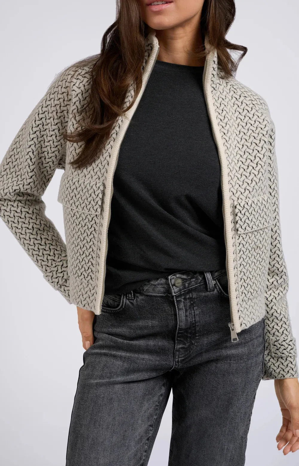 YAYA KNITTED JACKET WOVEN PRINT CHALK WHITE